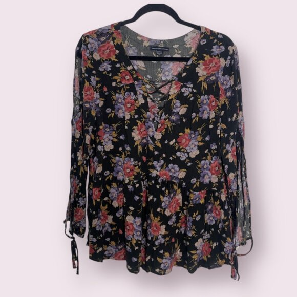 Peplum Top Floral V Neck Tie Drawstring Hipster Hippie Trendy Pullover Blouse - Picture 1 of 7